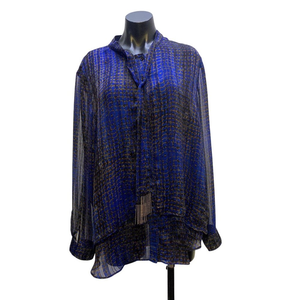 NWT Joseph Ribkoff Sheer Blue & Black Blouse w/Gold Fringe Detail Size 18 - Picture 1 of 8